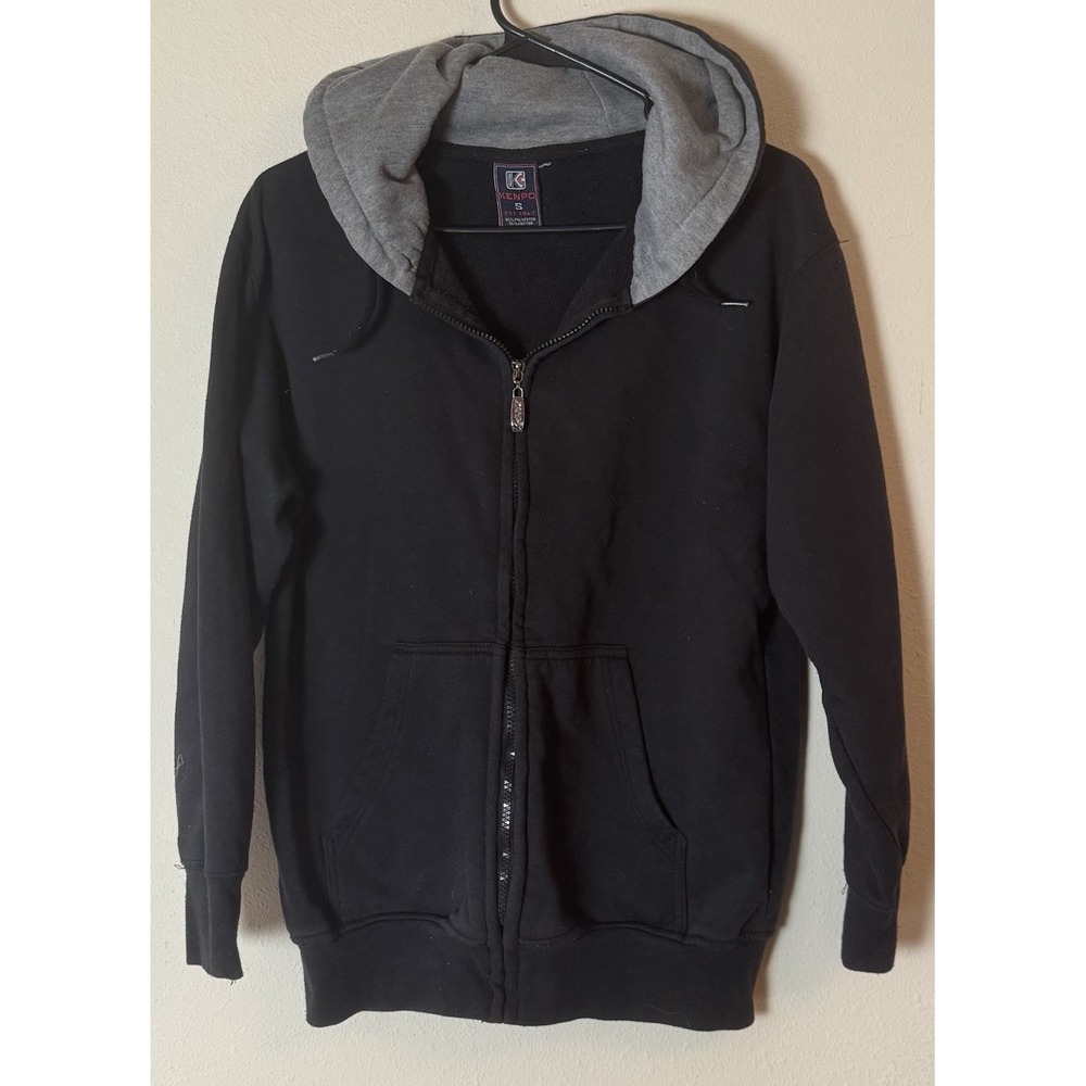 Kenpo Black Zip Up Hoodie Sweatshirt Gray Hood Size Small Casual Jacket